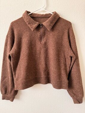 Half-Zip Collared Women's Pullover Hoodie - Brown